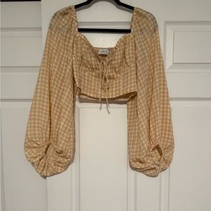 Gingham Puff Sleeve Top in Tan